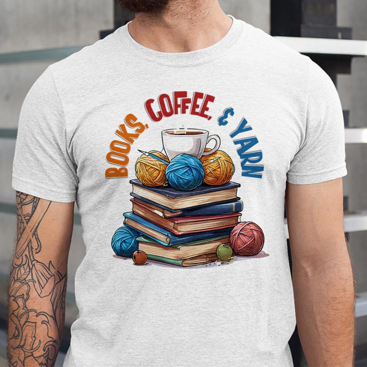 “Books Coffee & Yarn Enthusiast Cozy Reader Unisex Jersey T-Shirt