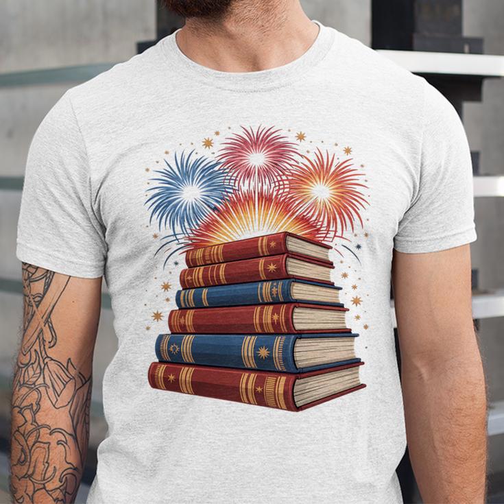 Books Fireworks 4th Of July Bookworm Patriotic Reader Unisex Jersey T-Shirt