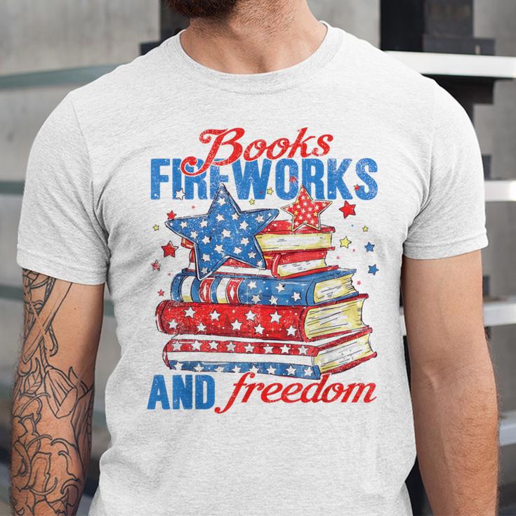 Books Fireworks And Freedom 4th Of July Book Lover Unisex Jersey T-Shirt