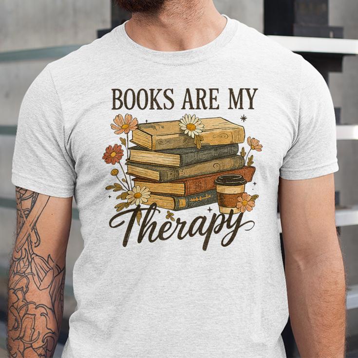 Books Are My Therapy Vintage Book Lover Daisy Art Unisex Jersey T-Shirt