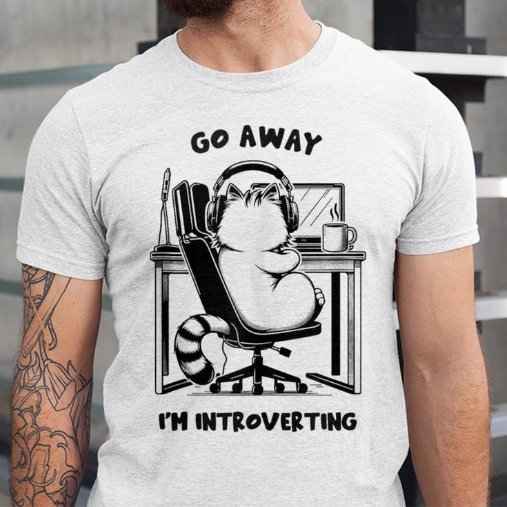 Cat With Coffee On Computer Go Away I'm Introverting Unisex Jersey T-Shirt Cat With Coffee On Computer Go Away I'm Introverting Unisex Jersey T-Shirt