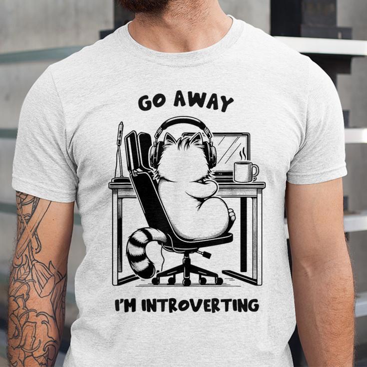 Cat With Coffee On Computer Go Away I'm Introverting Unisex Jersey T-Shirt Cat With Coffee On Computer Go Away I'm Introverting Unisex Jersey T-Shirt