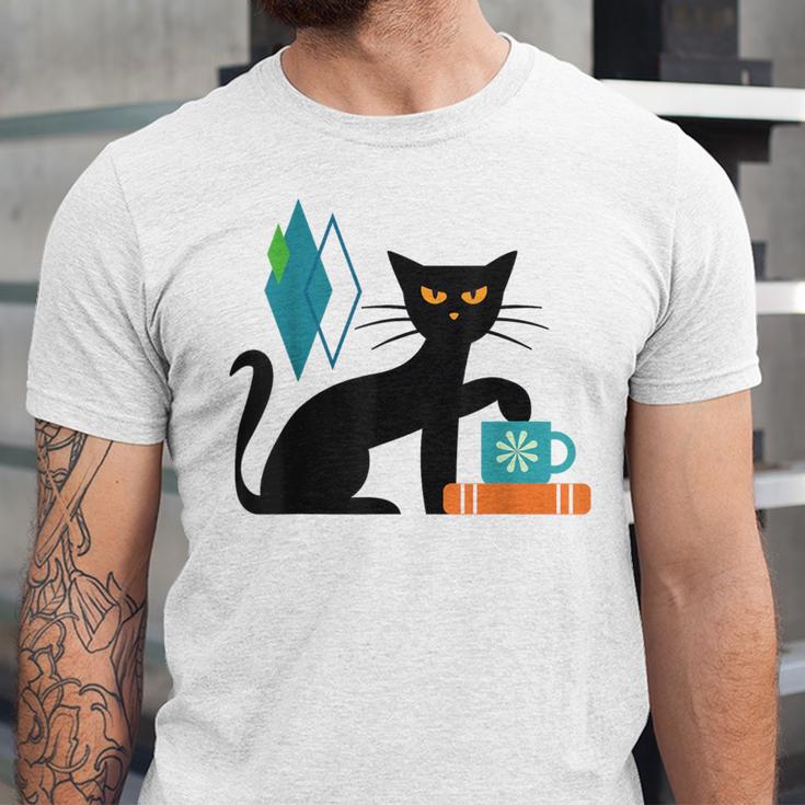 Cat Midcentury With Book And Coffee Atomic Age Mid Century Unisex Jersey T-Shirt Cat Midcentury With Book And Coffee Atomic Age Mid Century Unisex Jersey T-Shirt