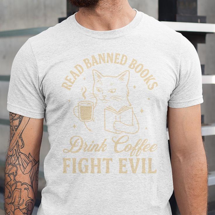 Cat Read Banned Books Drink Coffee Fight Evil Unisex Jersey T-Shirt Cat Read Banned Books Drink Coffee Fight Evil Unisex Jersey T-Shirt