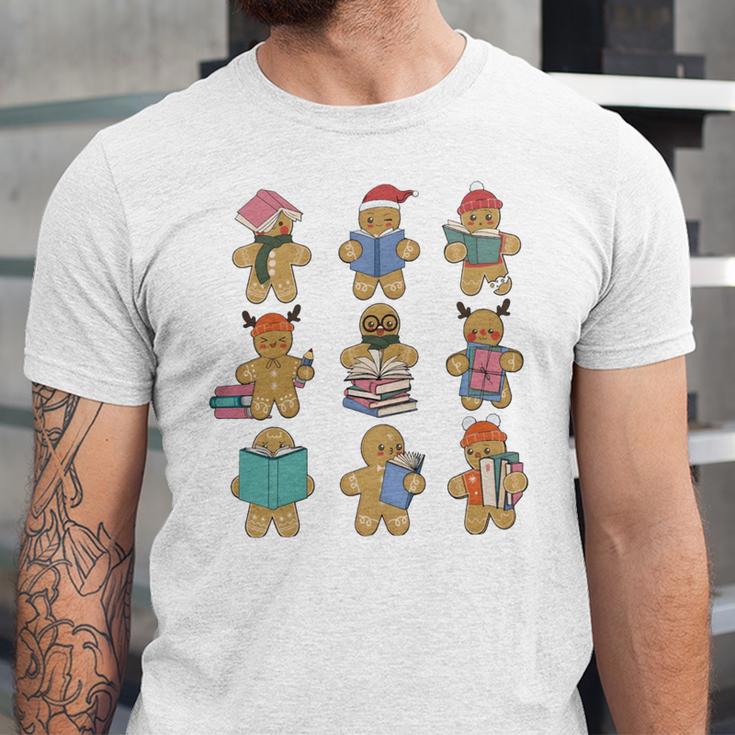 Christmas Library Gingerbread Man Books Lover Bookworm Unisex Jersey T-Shirt