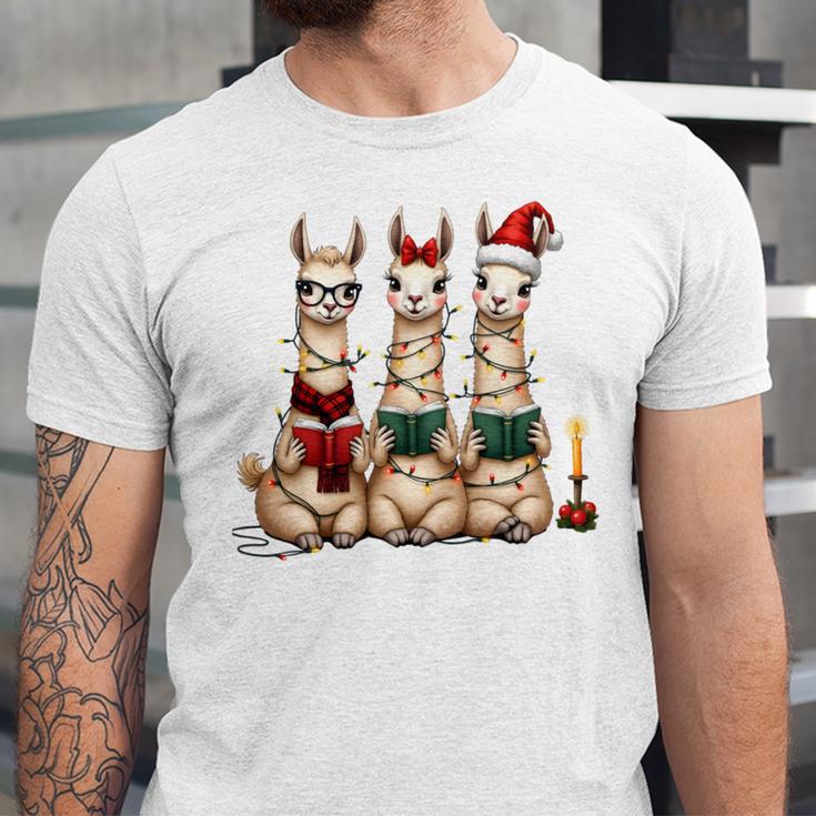Christmas Three Llamas Reading Reading Books Llama Lover Unisex Jersey T-Shirt