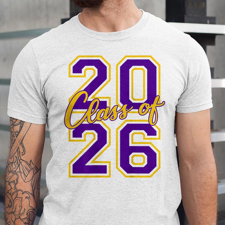 Class Of 2026 Graduation Varsity Purple Yellow On The Back Unisex Jersey T-Shirt