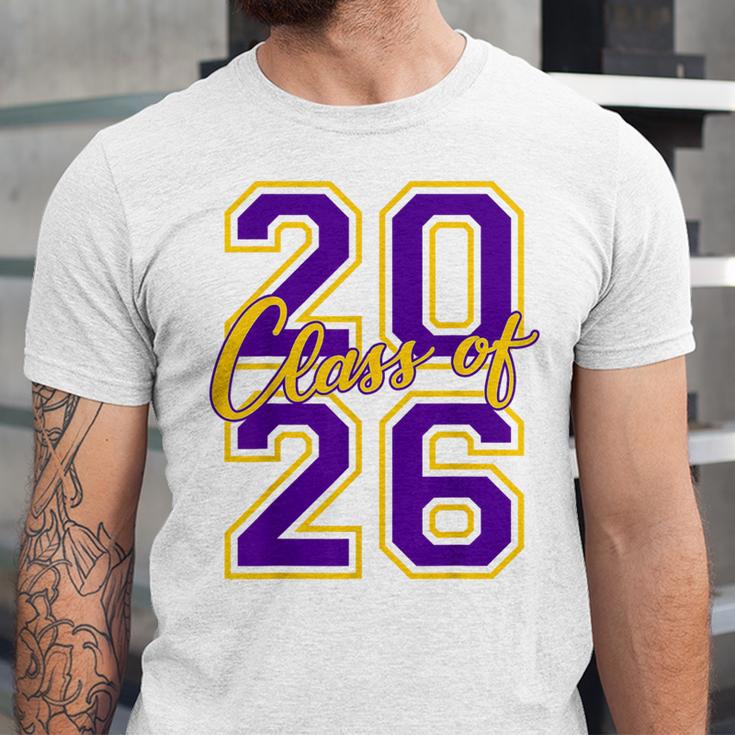 Class Of 2026 Graduation Varsity Purple And Yellow Letters Unisex Jersey T-Shirt
