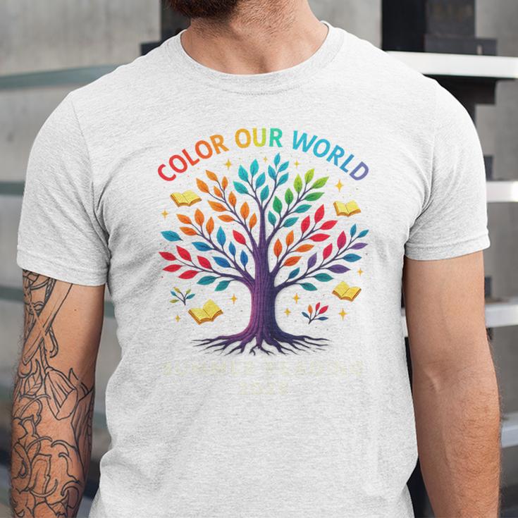 Color Our World Summer Reading Program 2025 Trippy Book Tree Unisex Jersey T-Shirt