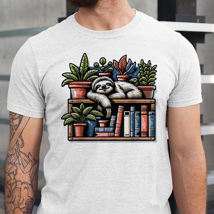 Cosy Sloth In Bookshelf With Plants Unisex Jersey T-Shirt