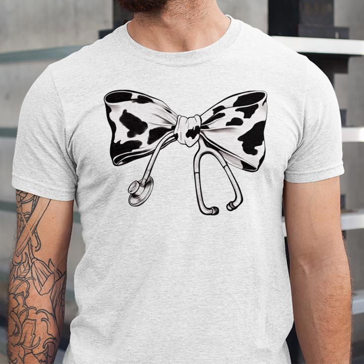 Cow Print Bow And Stethoscope Nurse RN Graduation Coquette Unisex Jersey T-Shirt