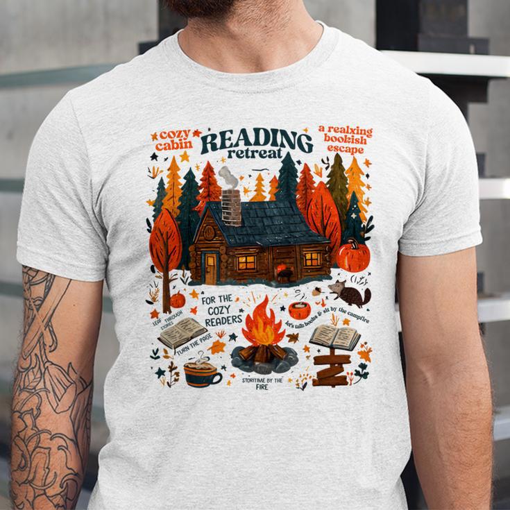 Cozy Reading Cabin Retreat Fall Bookish Autumn Cozy Reader Unisex Jersey T-Shirt Cozy Reading Cabin Retreat Fall Bookish Autumn Cozy Reader Unisex Jersey T-Shirt