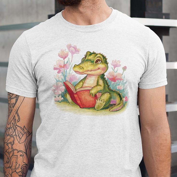 Crocodile Reading Book Watercolor Flowers Kids Unisex Jersey T-Shirt