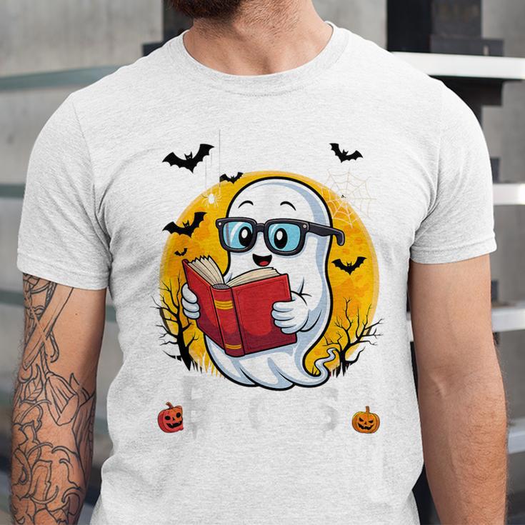 Cute Ghost Reading Book Retro Halloween Librarian Unisex Jersey T-Shirt