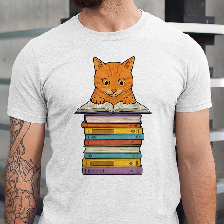 Cute Orange Tabby Cat Reading On Pile Of Books Unisex Jersey T-Shirt Cute Orange Tabby Cat Reading On Pile Of Books Unisex Jersey T-Shirt