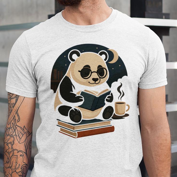 Cute Panda Reading Book Under Moon Bookworm Coffee Lover Unisex Jersey T-Shirt Cute Panda Reading Book Under Moon Bookworm Coffee Lover Unisex Jersey T-Shirt