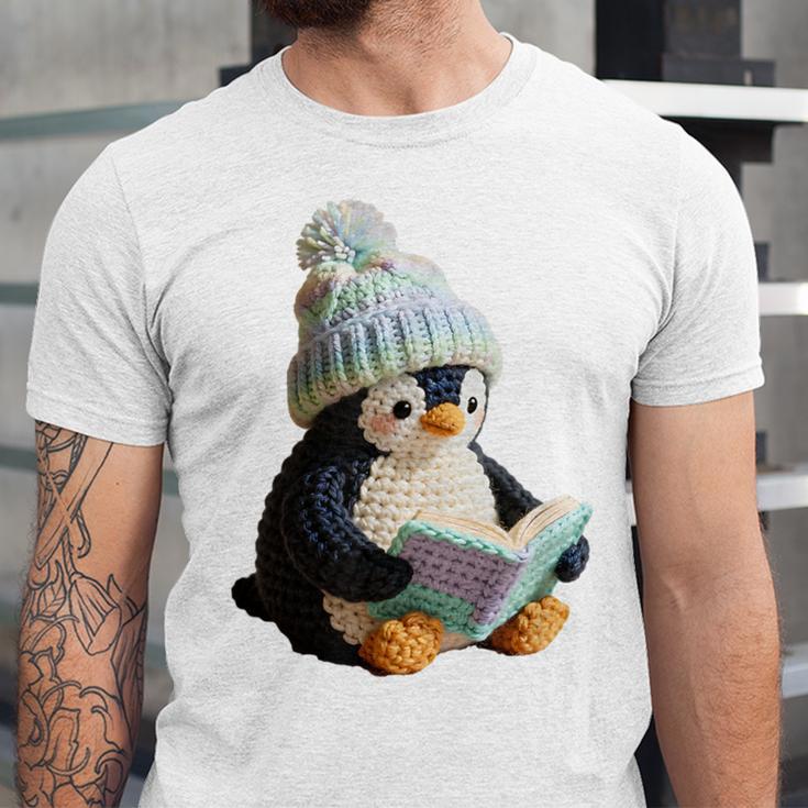 Cute Penguin Reading Book Faux-Crochet Print Unisex Jersey T-Shirt Cute Penguin Reading Book Faux-Crochet Print Unisex Jersey T-Shirt