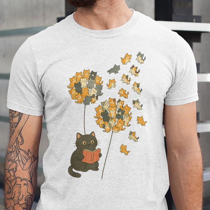 Cute Reading Cat With Kitten Dandelion Flowers Book Lover Unisex Jersey T-Shirt