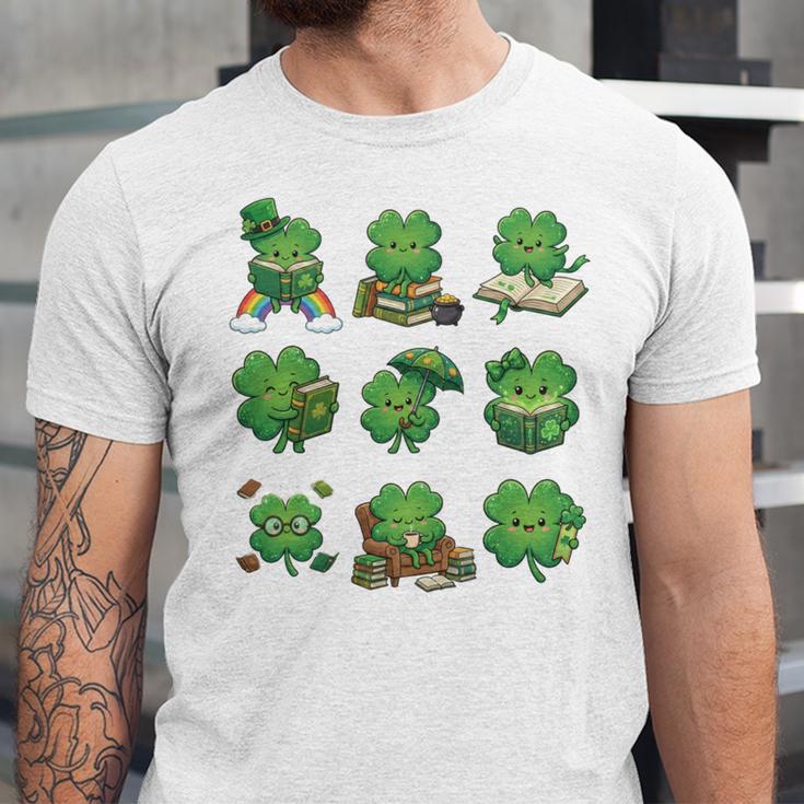 Cute Shamrock Reading St Patricks Day Teacher Book Lovers Unisex Jersey T-Shirt