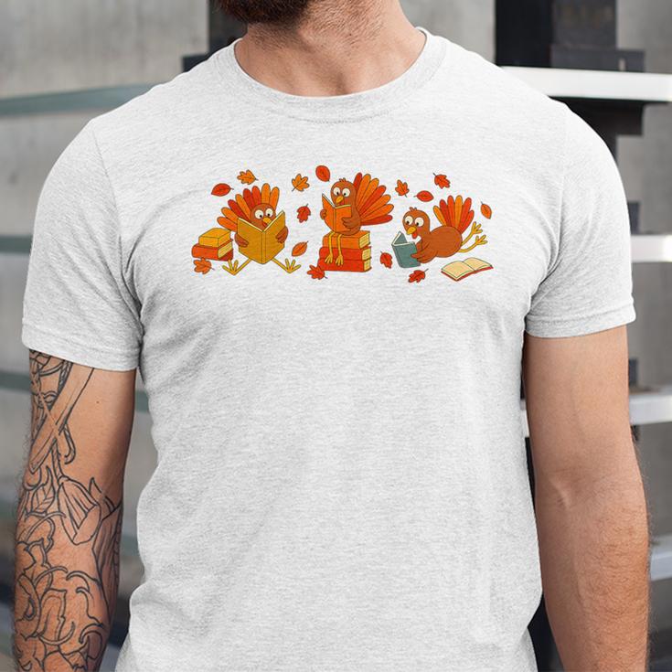 Cute Turkey Reading Book Librarian Bookworm Thanksgiving Men Unisex Jersey T-Shirt