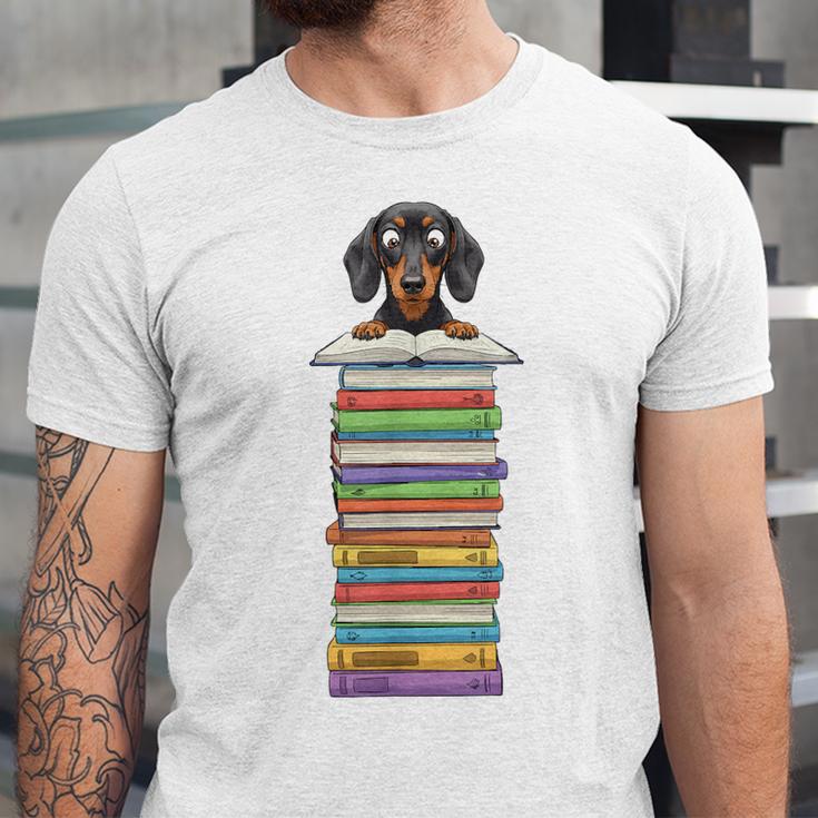 Cute Wiener Dog Dachshund Reading On Pile Of Books Unisex Jersey T-Shirt