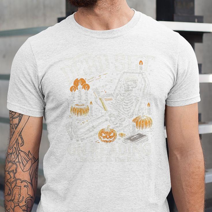 Dead Set On Reading Skeleton Halloween Book Lover Unisex Jersey T-Shirt