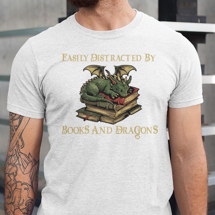 Easily Distracted By Books And Dragons Graphic Premium Unisex Jersey T-Shirt