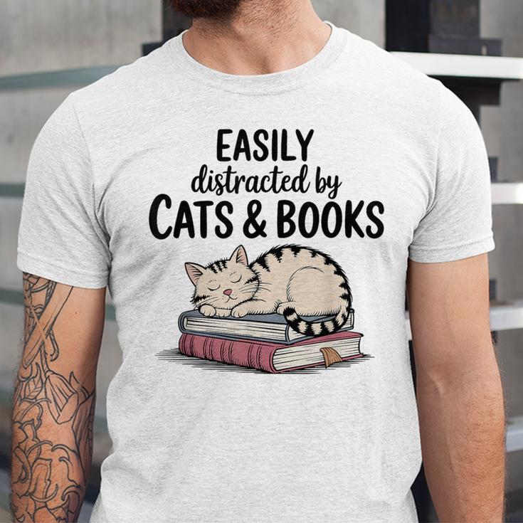 Easily Distracted By Cats And Books Cute Book Lover Unisex Jersey T-Shirt Easily Distracted By Cats And Books Cute Book Lover Unisex Jersey T-Shirt