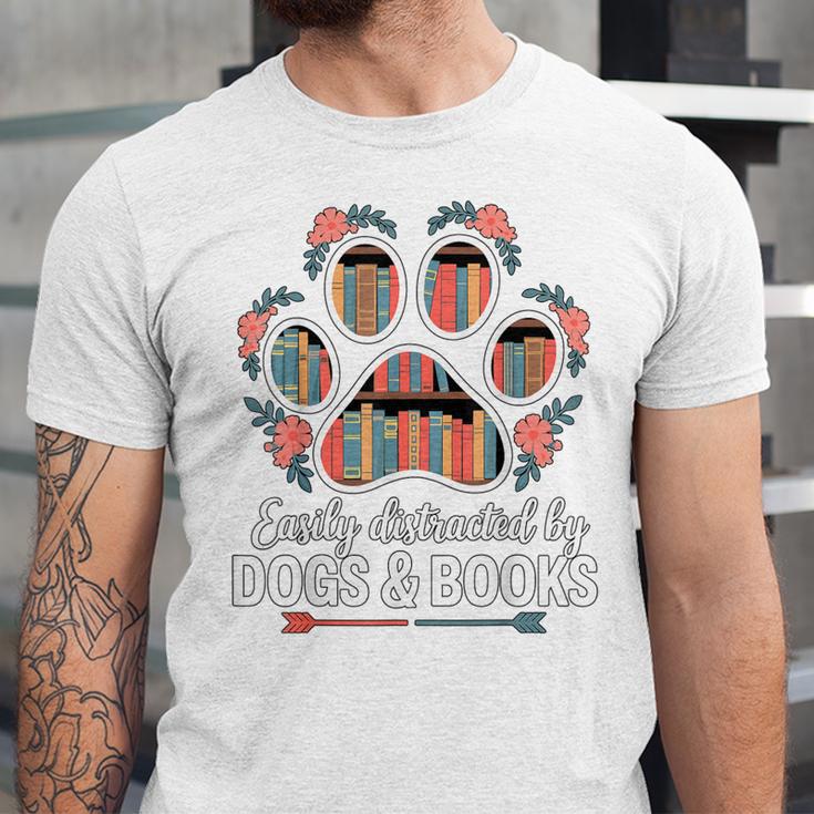 Easily Distracted By Dogs And Books Reading Unisex Jersey T-Shirt