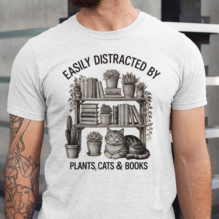 Easily Distracted By Plants Cats & Books Planting Gardening Unisex Jersey T-Shirt