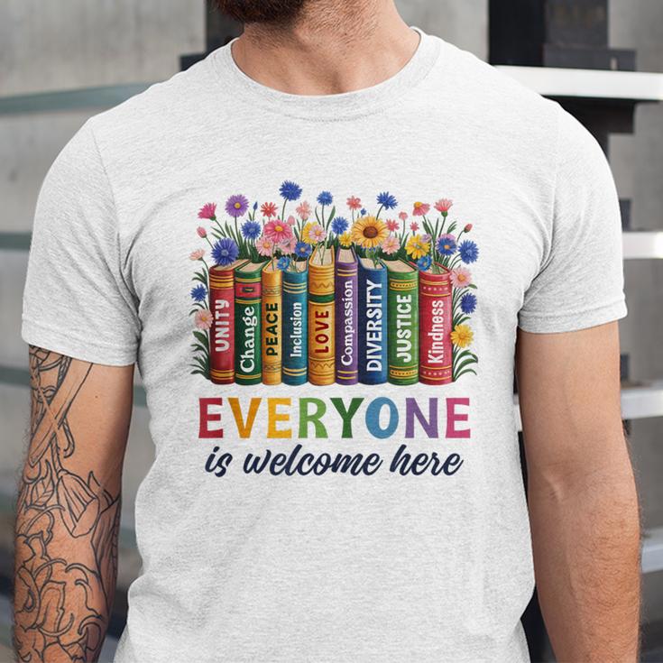 Everyone Is Welcome Here Floral Book LGBT Pride Equality Unisex Jersey T-Shirt
