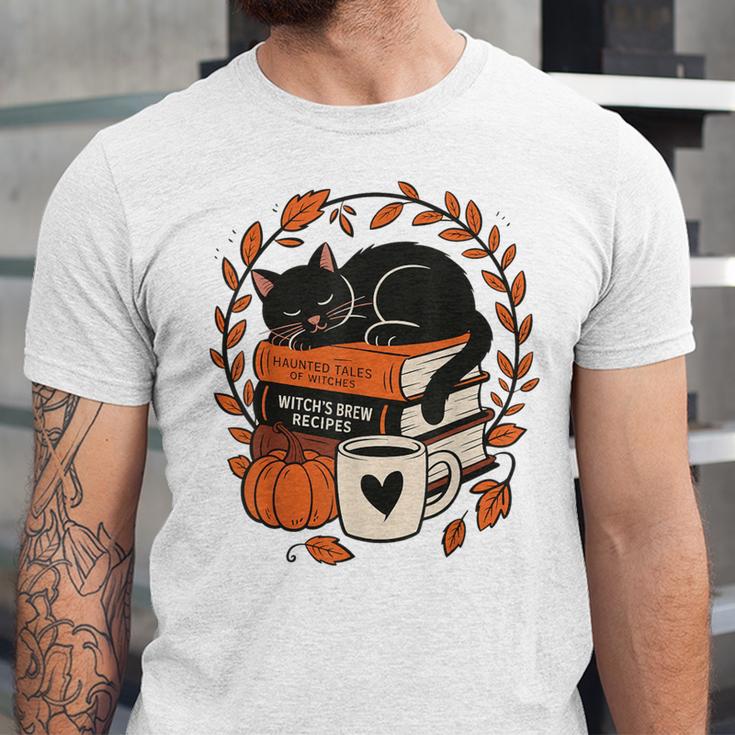 Fall Book Teacher Cat Books Halloween Autumn Librarian Unisex Jersey T-Shirt