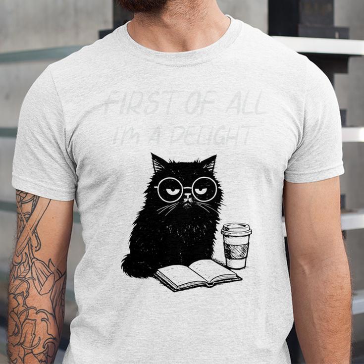 First Of All I’m A Delight Cute Cat Books Coffee Humor Unisex Jersey T-Shirt First Of All I’m A Delight Cute Cat Books Coffee Humor Unisex Jersey T-Shirt