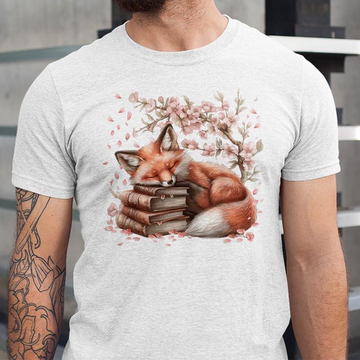 Fox And Book Lover Graphic For Women And Spring Pink Flower Unisex Jersey T-Shirt