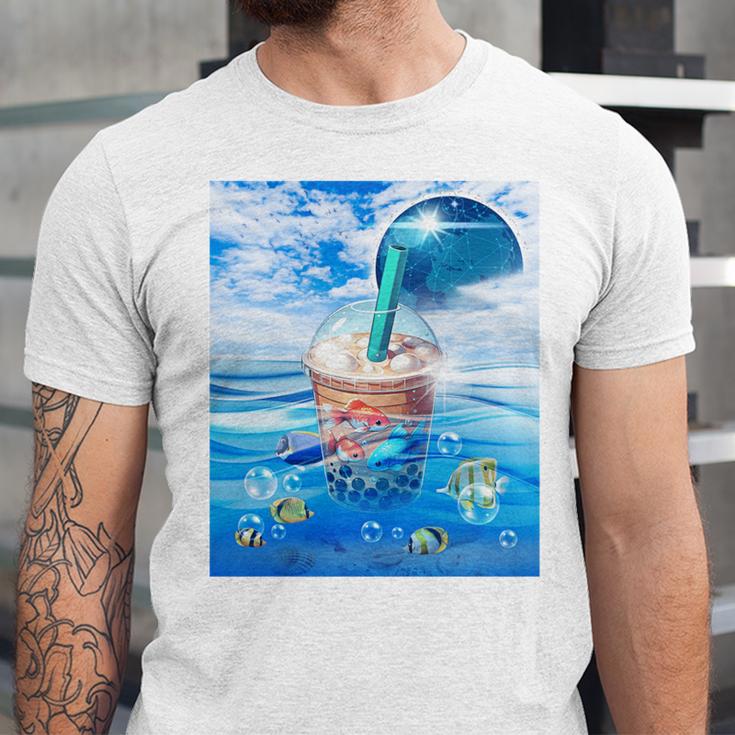 Frutiger Aero Aesthetic Tech Bubble Tea Boba Milktea Fishes Unisex Jersey T-Shirt