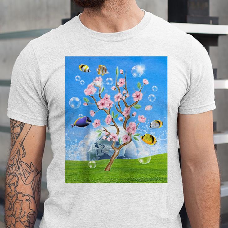 Frutiger Aero Aesthetic Tech Cherry Blossom Fishes Bubbles Raglan Baseball Tee Unisex Jersey T-Shirt