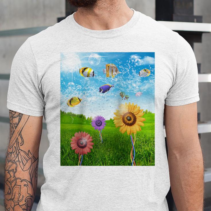 Frutiger Aero Aesthetic Tech Scenery Fishes Sunflower Raglan Baseball Tee Unisex Jersey T-Shirt