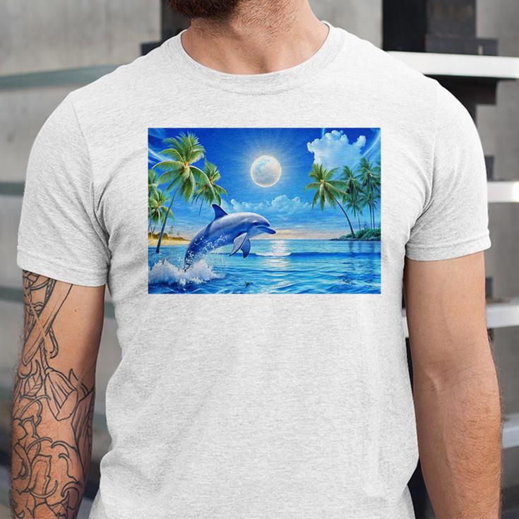 Frutiger Aero Dolphin Sunset Ocean With Palm Trees Y2k Premium Unisex Jersey T-Shirt