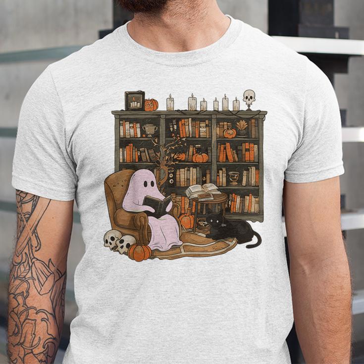 Ghost Reading Book Cat Lover Halloween Reading Enthusiast Unisex Jersey T-Shirt Ghost Reading Book Cat Lover Halloween Reading Enthusiast Unisex Jersey T-Shirt