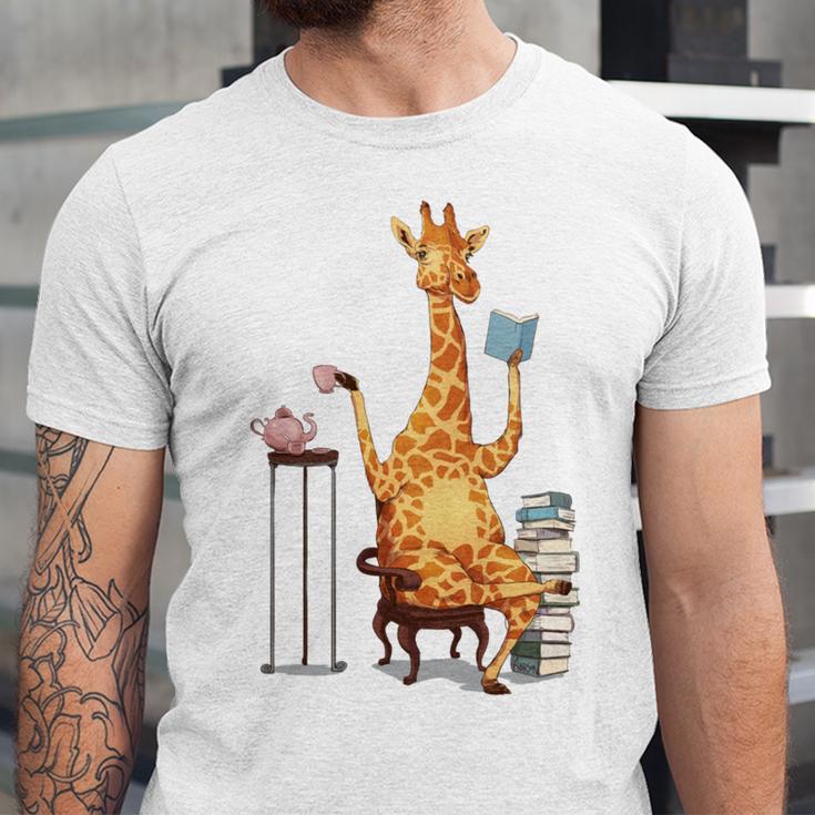Giraffe Reading Tea Books Coffee Book Lover Graphic Unisex Jersey T-Shirt