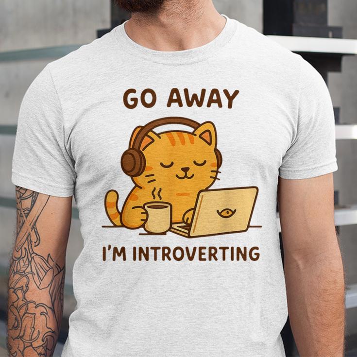 Go Away I'm Introverting Cozy Cat With Laptop And Coffee Unisex Jersey T-Shirt Go Away I'm Introverting Cozy Cat With Laptop And Coffee Unisex Jersey T-Shirt