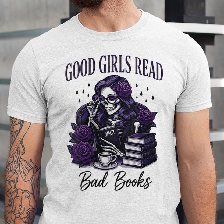 Good Girls Read Bad Books Sarcastic Skeleton Goth Skull Unisex Jersey T-Shirt