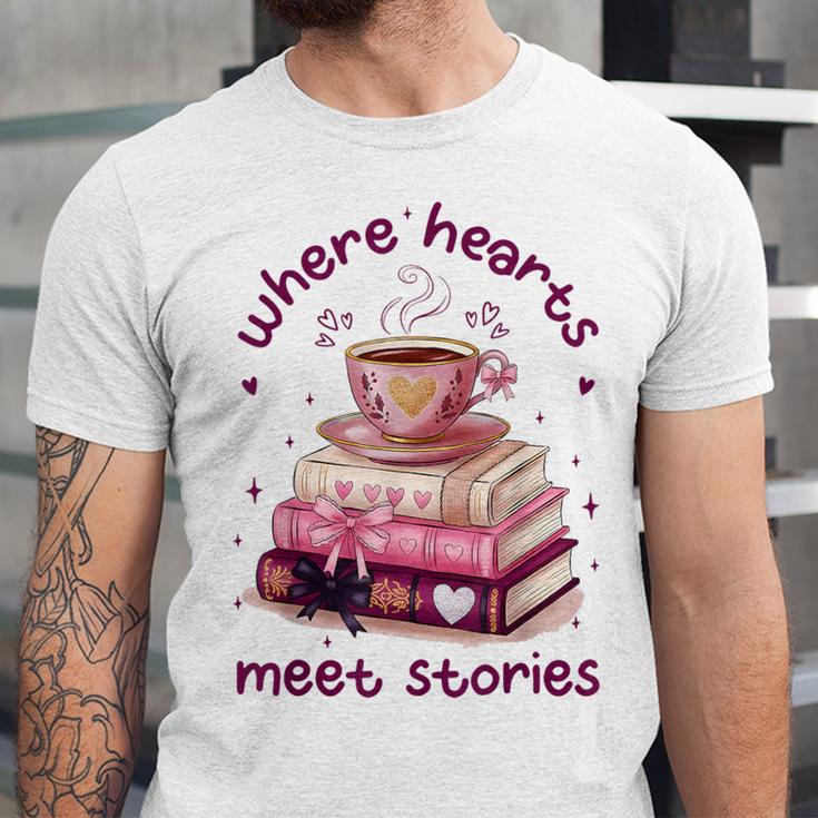 Where Hearts Groovy Meet Stories Coffee Books Valentines Day Unisex Jersey T-Shirt Where Hearts Groovy Meet Stories Coffee Books Valentines Day Unisex Jersey T-Shirt