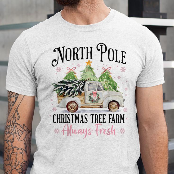 Holiday Scene Nostalgia North Pole Tree Farm Merry Christmas Unisex Jersey T-Shirt