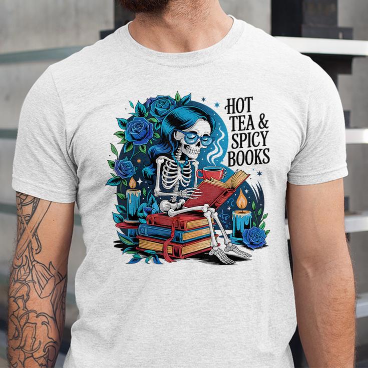 Hot Tea & Spicy Books Skeleton Reader Unisex Jersey T-Shirt