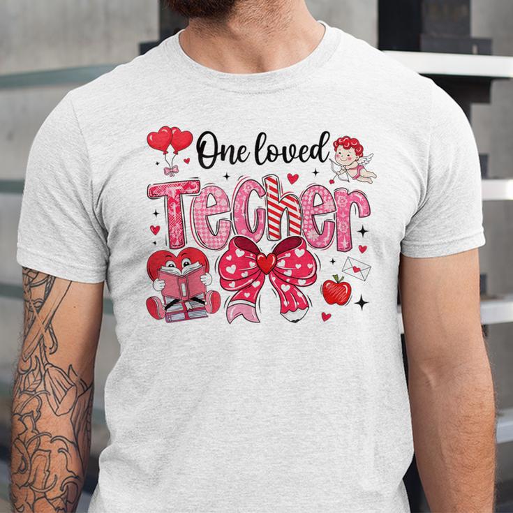 HUGvyn One Loved Teacher Valentine Book Heart Reading Bow Unisex Jersey T-Shirt