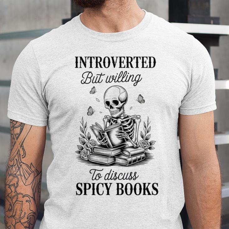 Introvert Read Spicy Books Lover Bookworm Skeleton Reading Unisex Jersey T-Shirt