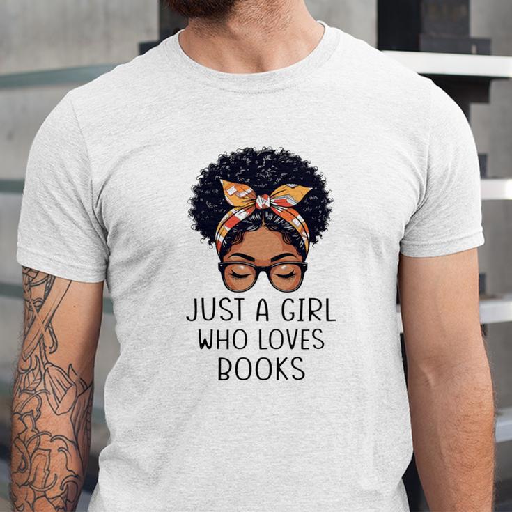 Just a Girl Who Loves Books Messy Bun Black Women Reading Unisex Jersey T-Shirt Just a Girl Who Loves Books Messy Bun Black Women Reading Unisex Jersey T-Shirt