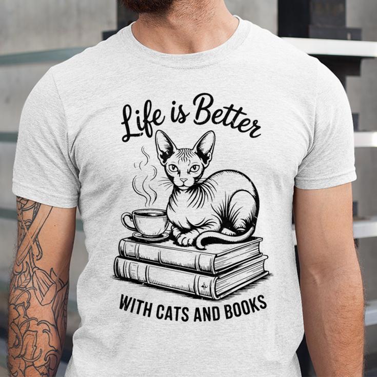 Life Is Better With Cats & Books Sphynx Cat Mom Women Unisex Jersey T-Shirt Life Is Better With Cats & Books Sphynx Cat Mom Women Unisex Jersey T-Shirt