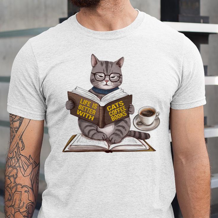 Life Is Better With Cats Coffee Books Cat Reading Book Unisex Jersey T-Shirt